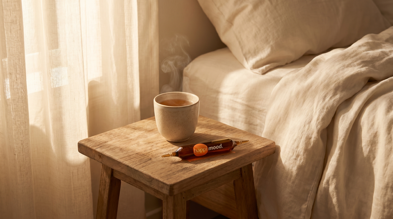 Scène matinale apaisante avec ampoule Happi Mood et tasse de tisane sur table de nuit en bois, lumière du matin