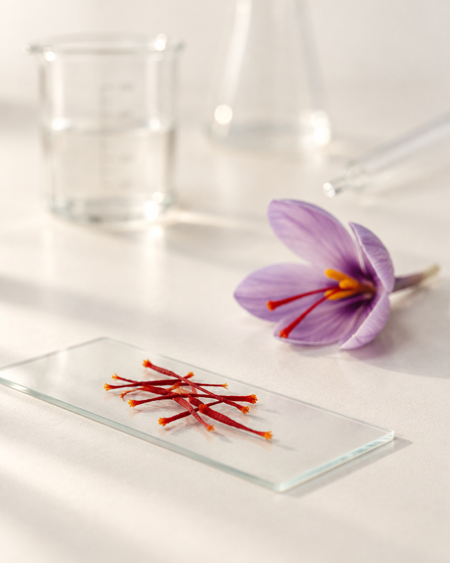 Stigmates de safran posés sur une lame de verre, à côté d'une fleur de crocus, dans un laboratoire